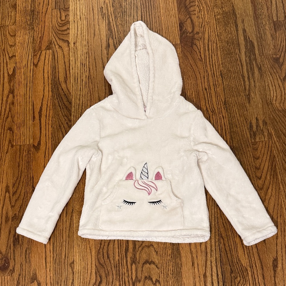 Chenault White Plush Unicorn Hoodie with Pink Accent